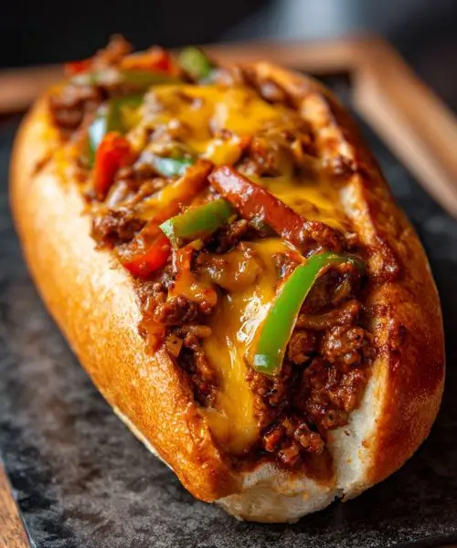 Philly Cheesesteak Sloppy Joes with peppers and melted cheese on a toasted bun