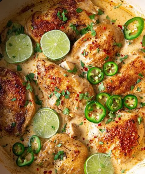 Creamy Coconut Milk Chicken in skillet with lime slices and cilantro