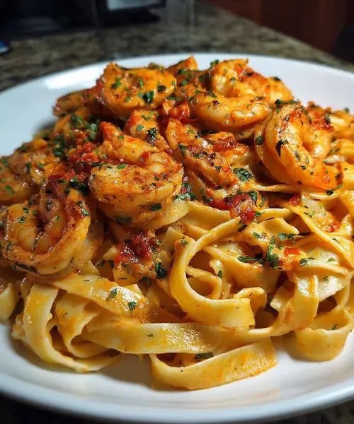 Shrimp Fettuccine in Red Parmesan Cream