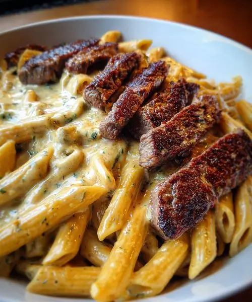 Steak Penne in Provolone Garlic Cream